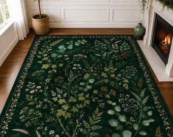 Tapis botanique vintage, tapis fleuri vert foncé, tapis inspiré de William Morris, décoration cottagecore, tapis lavable pour sols de style cadah.
