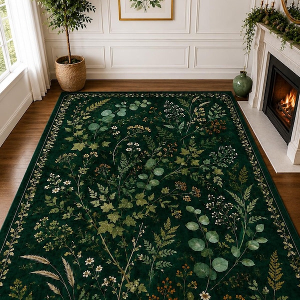 Vintage Botanical Rug, Dark Green Floral Carpet, William Morris Inspired Mat, Moody Cottagecore Decor, Washable Academia Floor Area