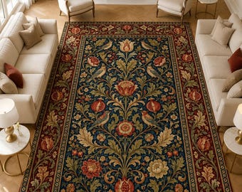 Puede incluir: Una alfombra rectangular grande que presenta un campo central azul oscuro con un patrón botánico simétrico de flores rojas, follaje verde y pájaros, rodeado por un borde rojo ancho con intrincados motivos florales y de hojas en oro y verde.