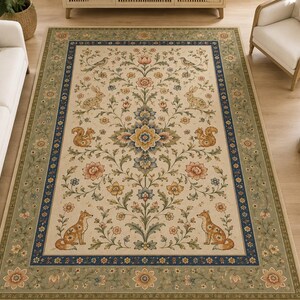 Arts and crafts style botanical carpet featuring squirrels