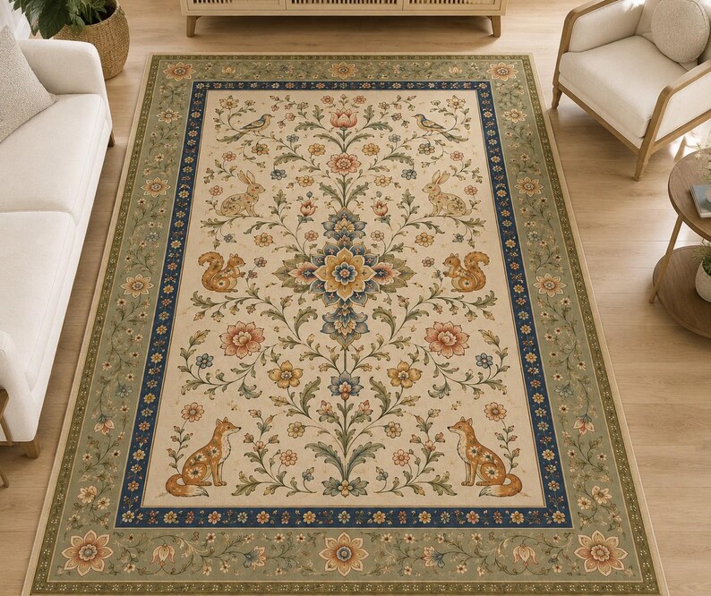 Arts and crafts style botanical carpet featuring squirrels