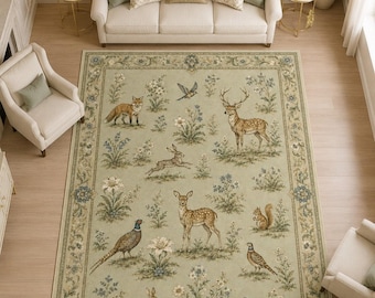 Woodland Tapestry Rug, Vintage Animal Mat, Deer Fox Carpet, Sage Green Decor, Cottagecore Nursery Area, Washable Forest Floor