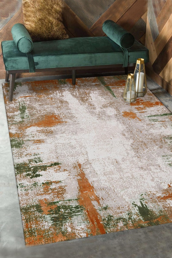 Abstract Carpet, Green Rust Floor Covering, Artistic Interior Accent, Contemporary Decor Piece for Stylish Spaces