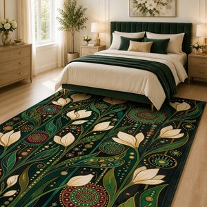 Nature inspired carpet with floral artwork and eclectic modern interior decor influence.
