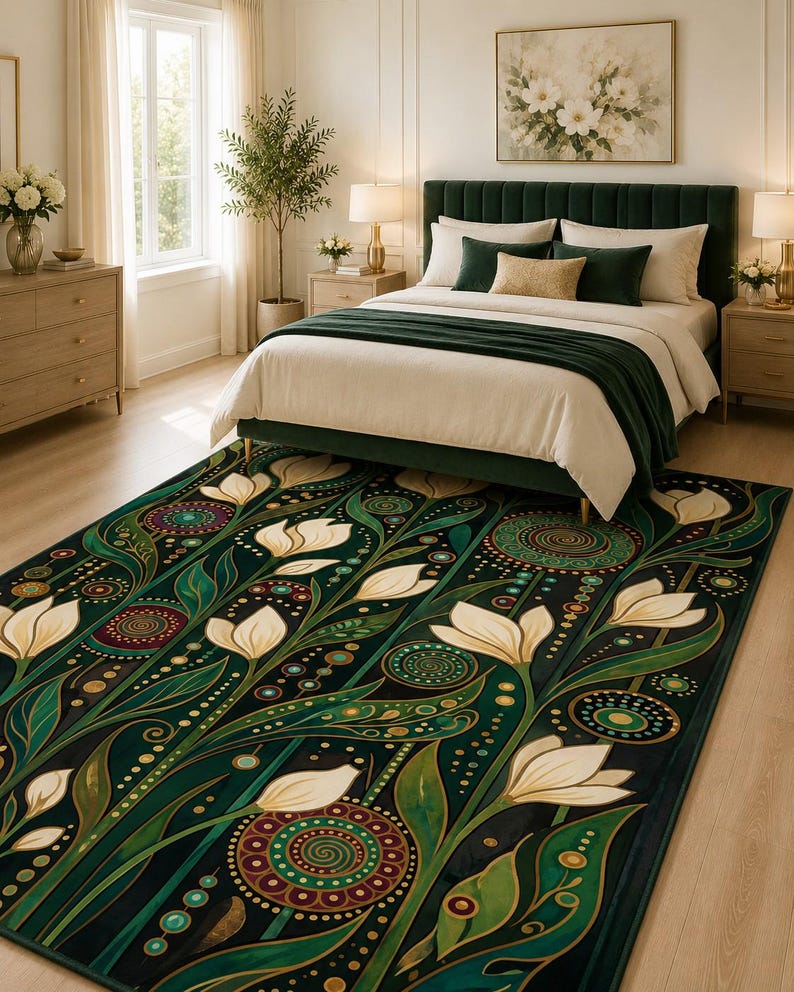 Nature inspired carpet with floral artwork and eclectic modern interior decor influence.
