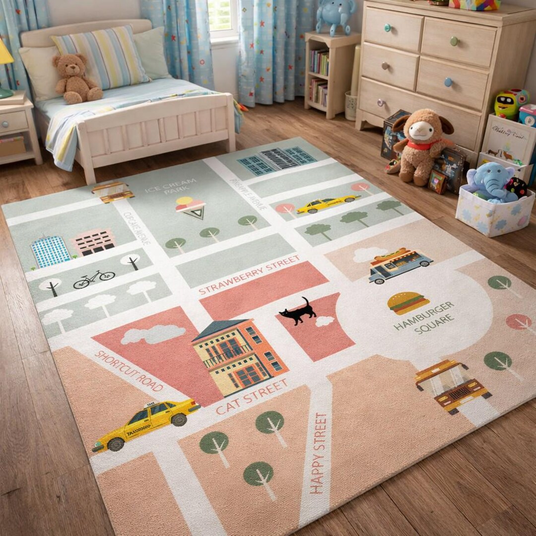 Interactive City Map Kids Rug, Colorful Town Playroom Floor Mat ...