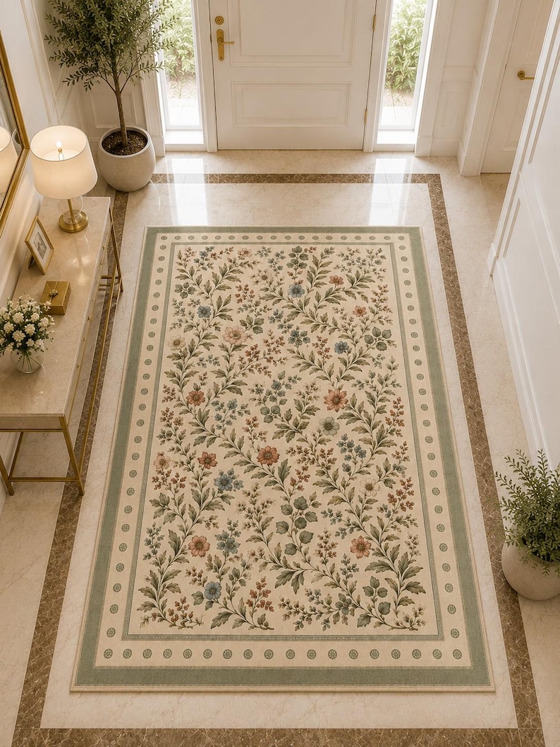Cottagecore botanical carpet for rustic living room