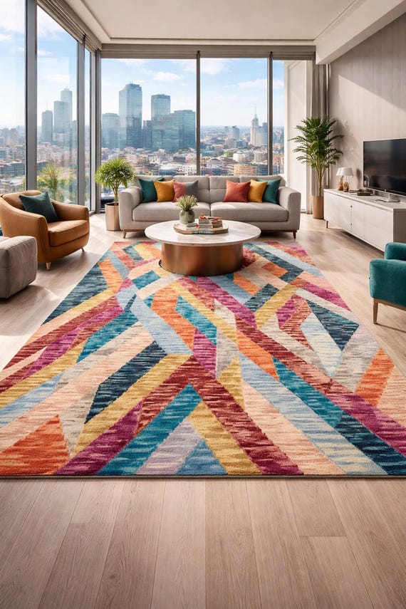 Colorful Geometric Abstract Carpet, Vibrant Multi Color Floor Mat, Modern Rainbow Washable Decor, Living Room Art Rug, Custom Size Textile