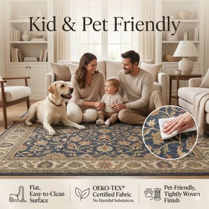 May include: A navy blue area rug with a floral pattern, featuring a family with a dog and child. The rug has a flat, easy-to-clean surface and is pet-friendly. Text on the image reads "Kid & Pet Friendly".