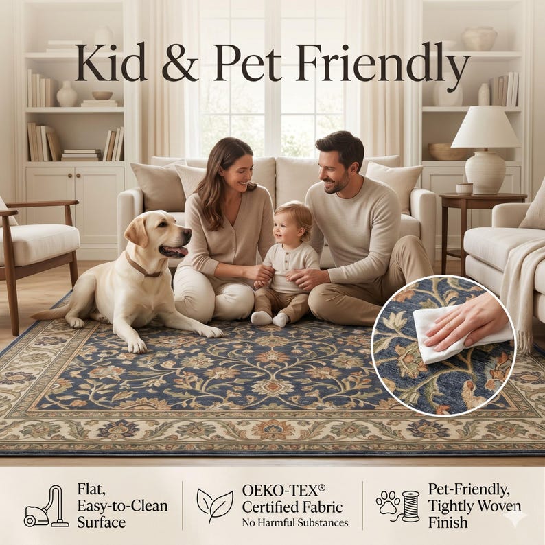 May include: A navy blue area rug with a floral pattern, featuring a family with a dog and child. The rug has a flat, easy-to-clean surface and is pet-friendly. Text on the image reads "Kid & Pet Friendly".