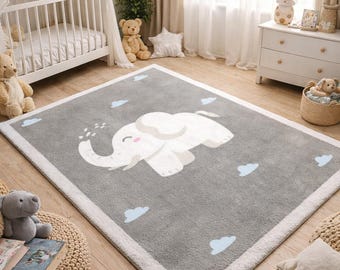 Elephant Nursery Kids Rug, Grey Cloud Playroom Floor Mat, Cute Animal Washable Baby Carpet, Gender Neutral Decor, Custom Size Floor Art