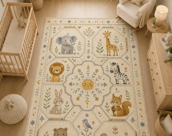 Alfombra Safari Neutra, Alfombra de Animales del Bosque, Alfombra Boho para Guardería, Suelo Lavable para Sala de Juegos, Decoración Celestial Solar, Habitación de Bebé