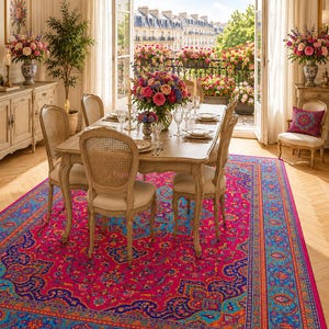 May include: A dining room scene featuring a rectangular wooden table set for a meal, surrounded by cane-backed chairs. A vibrant pink and blue patterned rug anchors the space. The room opens to a balcony with flowers and a city view.