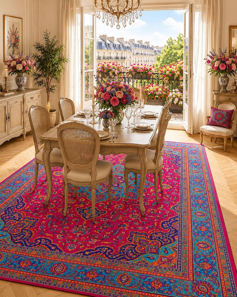 May include: A dining room scene featuring a rectangular wooden table set for a meal, surrounded by cane-backed chairs. A vibrant pink and blue patterned rug anchors the space. The room opens to a balcony with flowers and a city view.