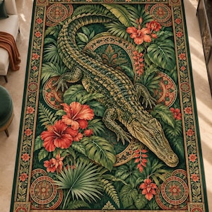 May include: A rectangular area rug featuring a central green crocodile surrounded by lush tropical foliage and vibrant red hibiscus flowers. The design includes an ornate border with circular floral motifs and intricate patterns in shades of green, red, and gold.