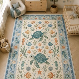Pastel blue coastal nursery rug with watercolor sea turtles