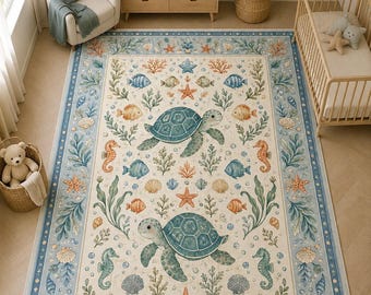 Sea Turtle Rug, Coastal Nursery Mat, Nautical Ocean Carpet, Washable Beach House Area, Watercolor Marine Decor, Baby Playroom Floor