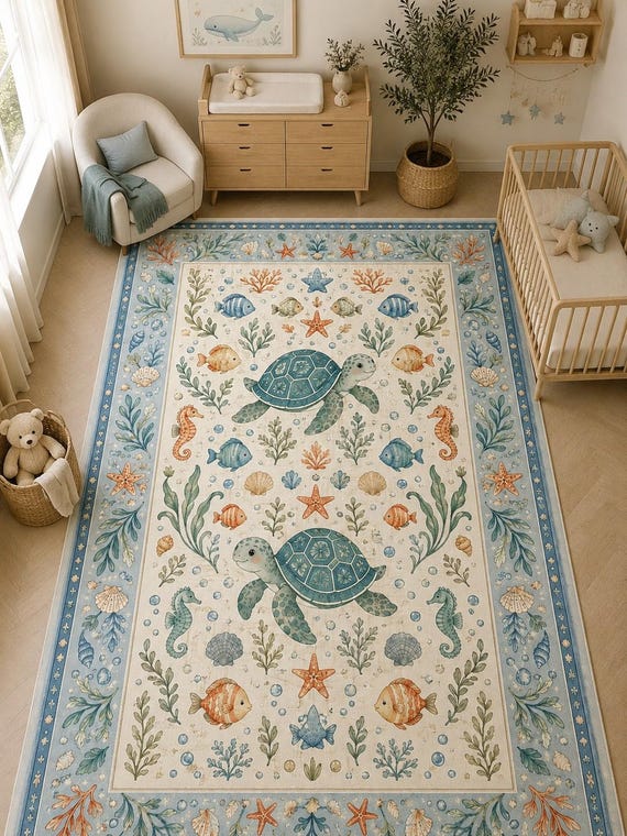 Sea Turtle Rug, Coastal Nursery Mat, Nautical Ocean Carpet, Washable Beach House Area, Watercolor Marine Decor, Baby Playroom Floor