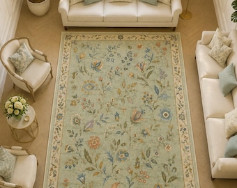 Vintage Floral Rug, French Country Mat, Pastel Botanical Carpet, Cottagecore Room Decor, Washable Shabby Chic Area