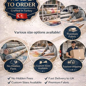 May include: A promotional graphic for LiyaHomeCo featuring text Made to Order Crafted in Turkey with a Turkish flag. It displays circular images of fabric rolls, a person cutting rug material, and a person holding a cardboard box for delivery.