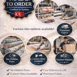 以下が含まれることがあります： LiyaHomeCoのプロモーション画像。Made to Order Crafted in Turkeyの文字とトルコ国旗が描かれています。生地のロール、ラグ素材をカットする様子、段ボール箱を持つ人の円形写真が含まれています。