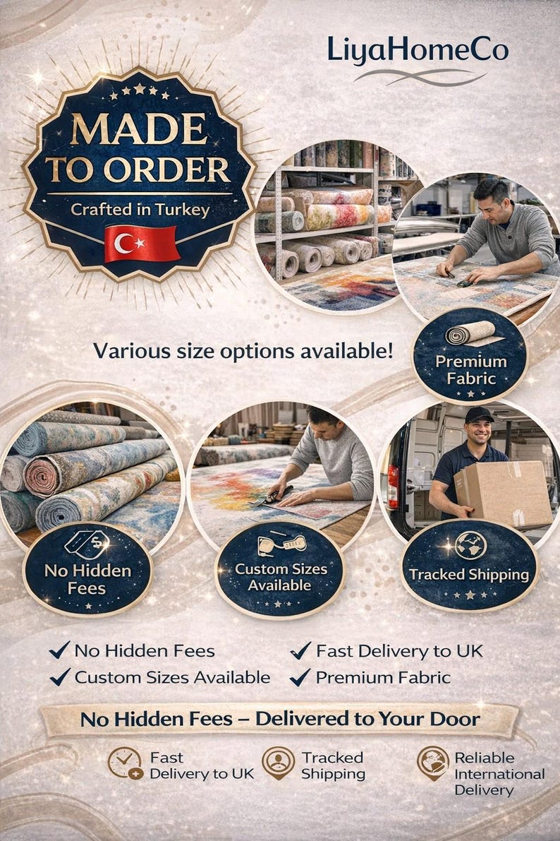 以下が含まれることがあります： LiyaHomeCoのプロモーション画像。Made to Order Crafted in Turkeyの文字とトルコ国旗が描かれています。生地のロール、ラグ素材をカットする様子、段ボール箱を持つ人の円形写真が含まれています。