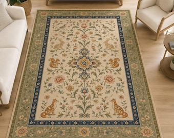 Vintage Woodland Rug, Floral Animal Mat, Botanical Carpet, Washable Cottagecore Area, Fox Squirrel Decor, Boho Nursery Floor