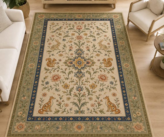 Vintage Woodland Rug, Floral Animal Mat, Botanical Carpet, Washable Cottagecore Area, Fox Squirrel Decor, Boho Nursery Floor