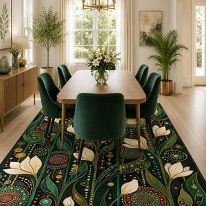 Vintage botanical area rug with ornamental spiral details and artistic home styling