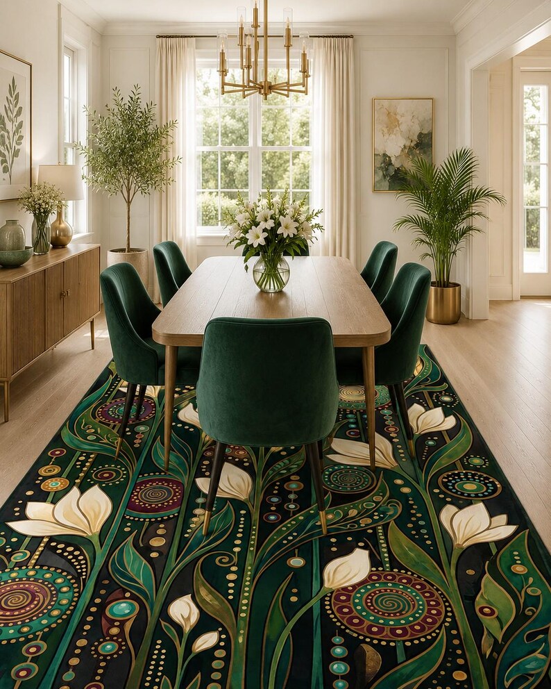 Vintage botanical area rug with ornamental spiral details and artistic home styling