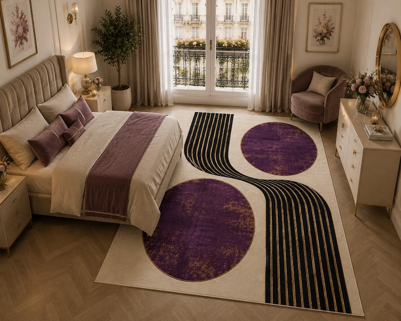 Luxury geometric rug with purple and gold artwork for modern minimalist contemporary interiors.