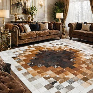 Alfombra de patchwork de imitación de piel de vaca, felpudo con aspecto de cuero marrón y beige, decoración rústica de lujo lavable, alfombra para sala de estar, tamaño personalizado para el hogar.