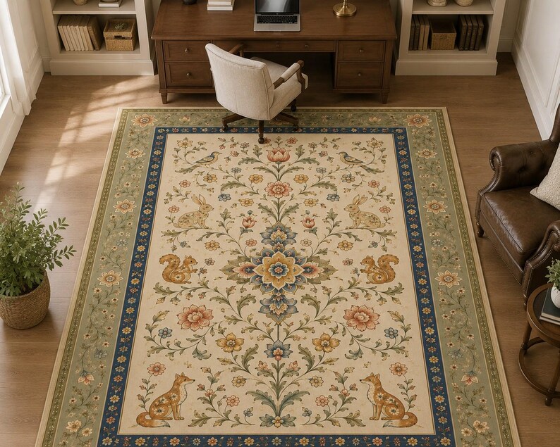 Boho grandmillennial floor pad for traditional rustic room