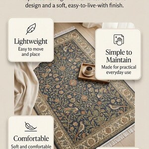 May include: A printed flat rug with a timeless decorative design. The rug features a navy blue background with floral and bird patterns in shades of beige, orange, and green. The rug has a fringed edge and is designed for everyday living.