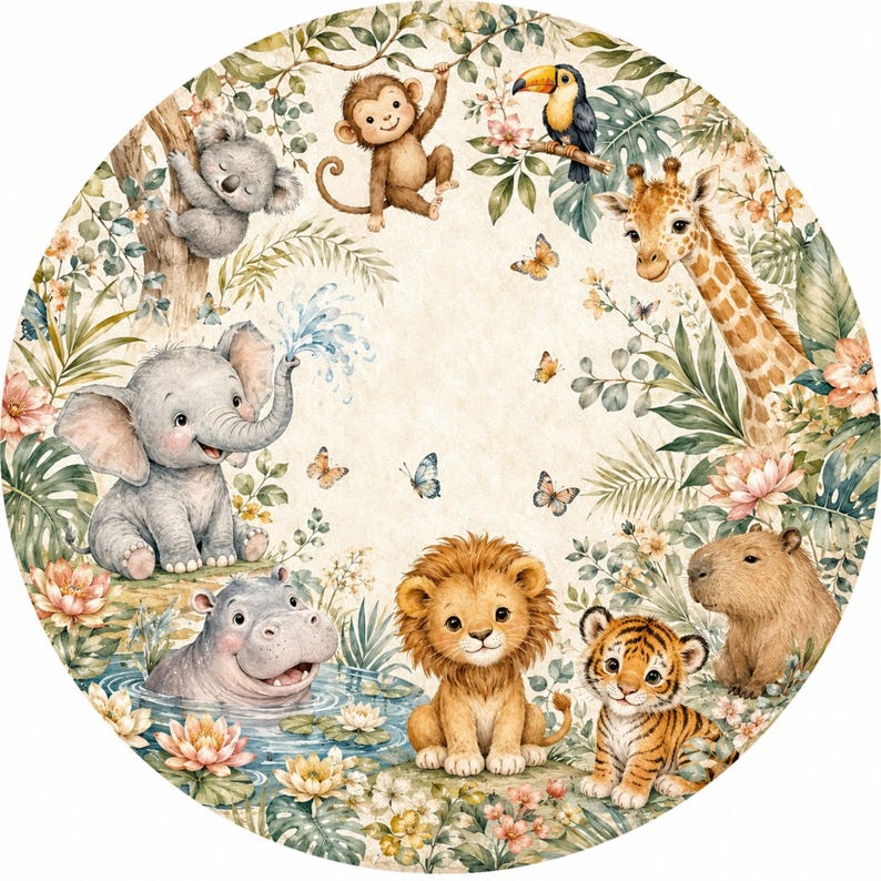 Tropical boho baby playroom carpet with hippo and giraffe