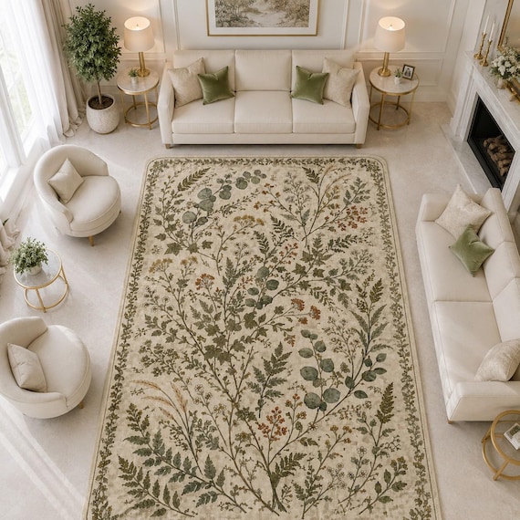 Vintage Botanical Rug, William Morris Mat, Floral Fern Carpet, Neutral Cottagecore Decor, Washable Area Pad, Arts And Crafts Floor