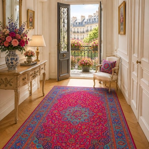 May include: A vibrant, ornate rug in a hallway. The rug features a central medallion design in shades of pink, blue, and orange, with a detailed border. The hallway has a wooden floor, a table with a lamp, and a doorway leading to a balcony.