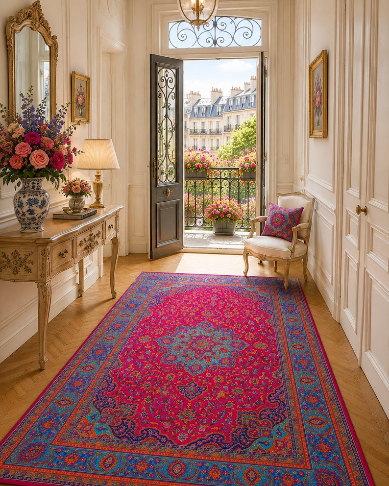 May include: A vibrant, ornate rug in a hallway. The rug features a central medallion design in shades of pink, blue, and orange, with a detailed border. The hallway has a wooden floor, a table with a lamp, and a doorway leading to a balcony.