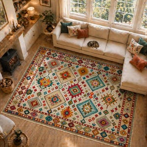 Ethnic Patchwork Living Room Rug, Custom Size Colorful Area Carpet, Boho Chic Bedroom Floor Mat, Luxury Turkish Home Style Geometric Decor