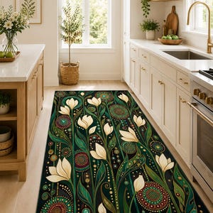 Boho maximalist rug with elegant botanical composition and dark academia inspired styling.