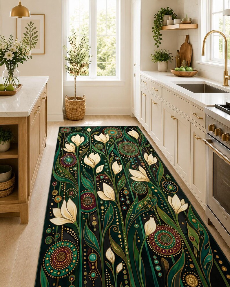 Boho maximalist rug with elegant botanical composition and dark academia inspired styling.