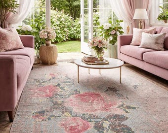 May include: A living room scene featuring a large area rug with a floral pattern in shades of pink, gray, and blue. Two pink sofas, matching curtains, and a round coffee table complete the elegant, feminine decor. The room opens to a garden.