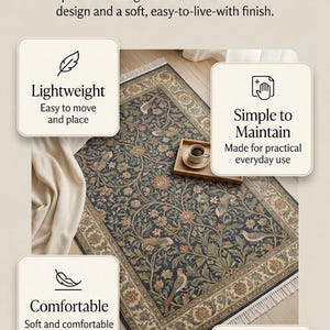 May include: A printed flat rug with a timeless decorative design. The rug features a navy blue background with floral and bird patterns in shades of beige, orange, and green. The rug has a fringed edge and is designed for everyday living.