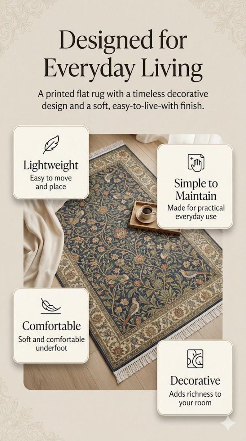 May include: A printed flat rug with a timeless decorative design. The rug features a navy blue background with floral and bird patterns in shades of beige, orange, and green. The rug has a fringed edge and is designed for everyday living.