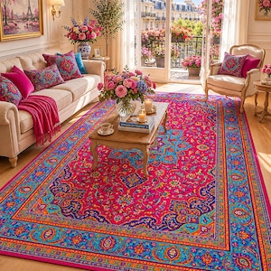 Tvättbar rosa matta, boho medaljongmatta, vintage maximalistisk inredning, husdjursvänlig matta