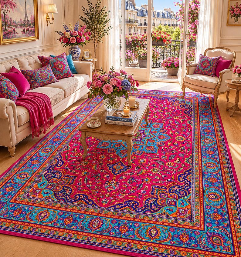 May include: A vibrant, ornate area rug with a magenta field and a detailed border in shades of blue, orange, and purple. The rug features a floral pattern and is placed in a living room setting with a sofa, pillows, and a coffee table.