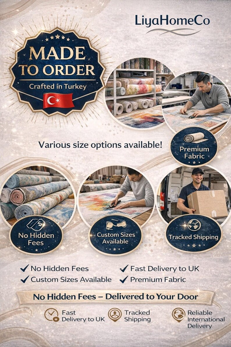 May include: Image promoting custom-made rugs from Turkey. The design includes a badge that says "Made to Order" and "Crafted in Turkey". Additional text highlights "Various size options available!" and features like "Premium Fabric".