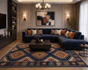 Navy Blue Southwestern Area Rug, Tribal Geometric Living Room Carpet, Rustic Aztec Boho Floor Decor, Western Rug