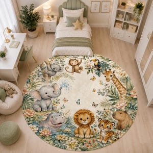 Circular indoor floor pad for neutral zoo themed kids room