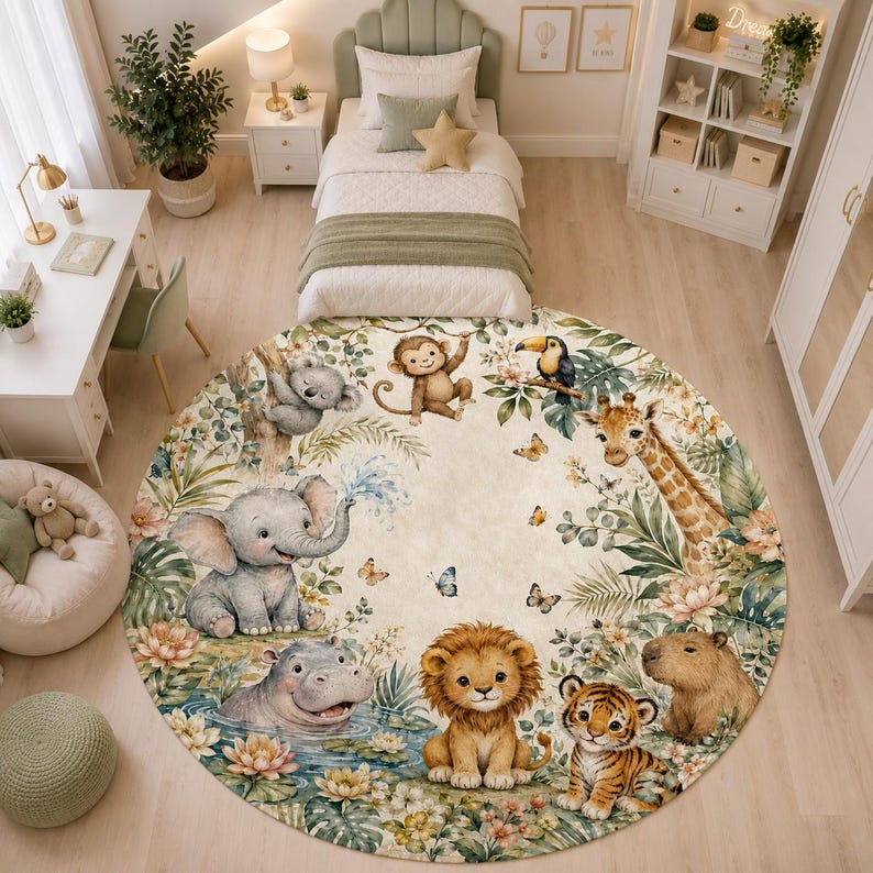 Circular indoor floor pad for neutral zoo themed kids room
